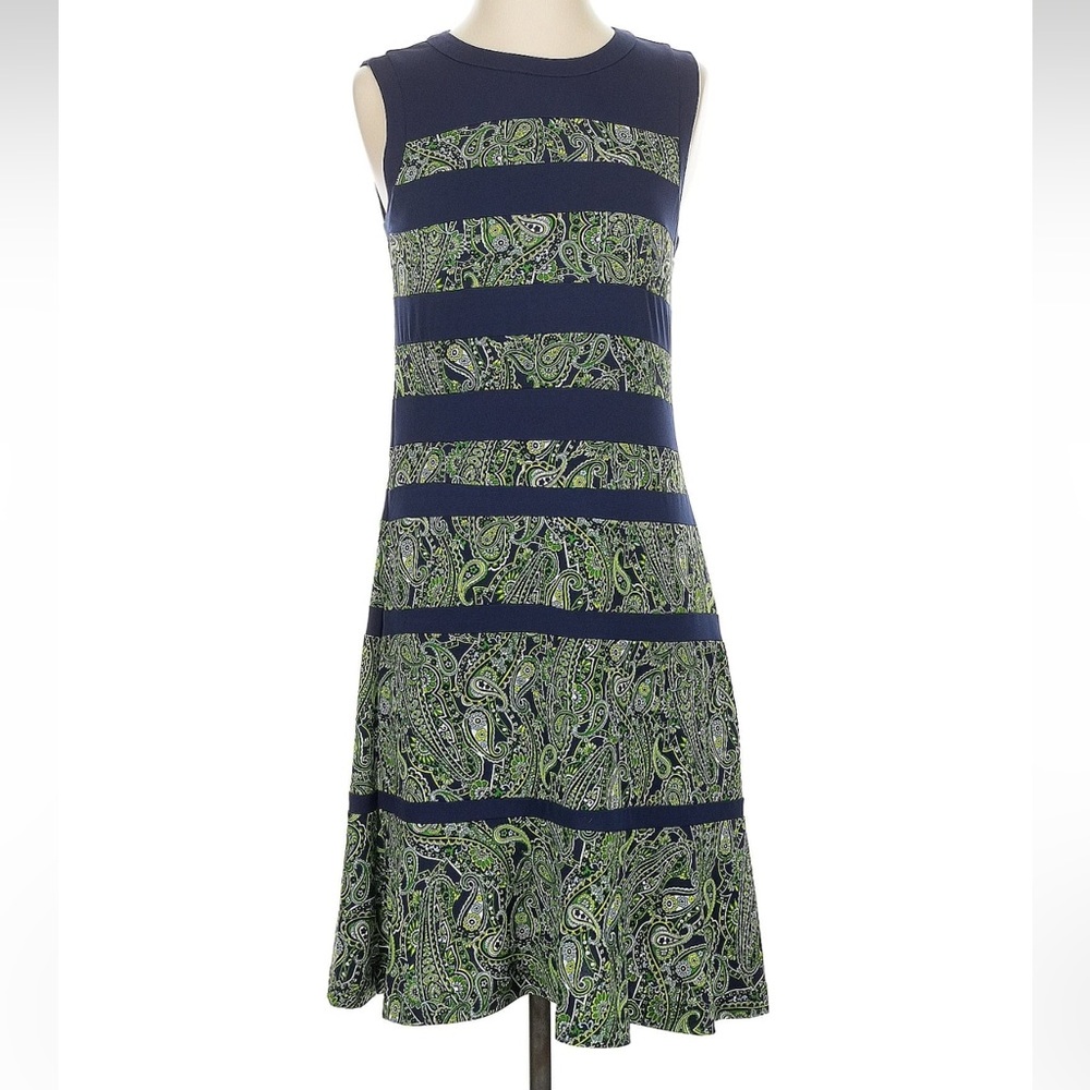 Michael Kors Navy and Green Paisley Stripe Sleeveless Dress